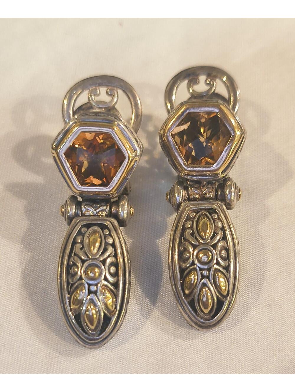 RARE- John Hardy 925 Silver 18k Yellow Gold 7.84ctw Stone Dangle Earrings 19.50g